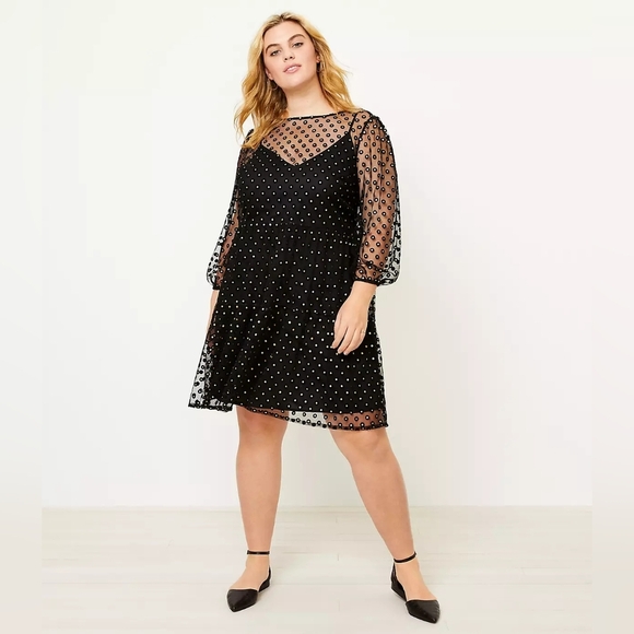 LOFT Dresses & Skirts - LOFT Plus Size 16 Sheer Tiered Black Dress with Black Velvet Gold Center Dots